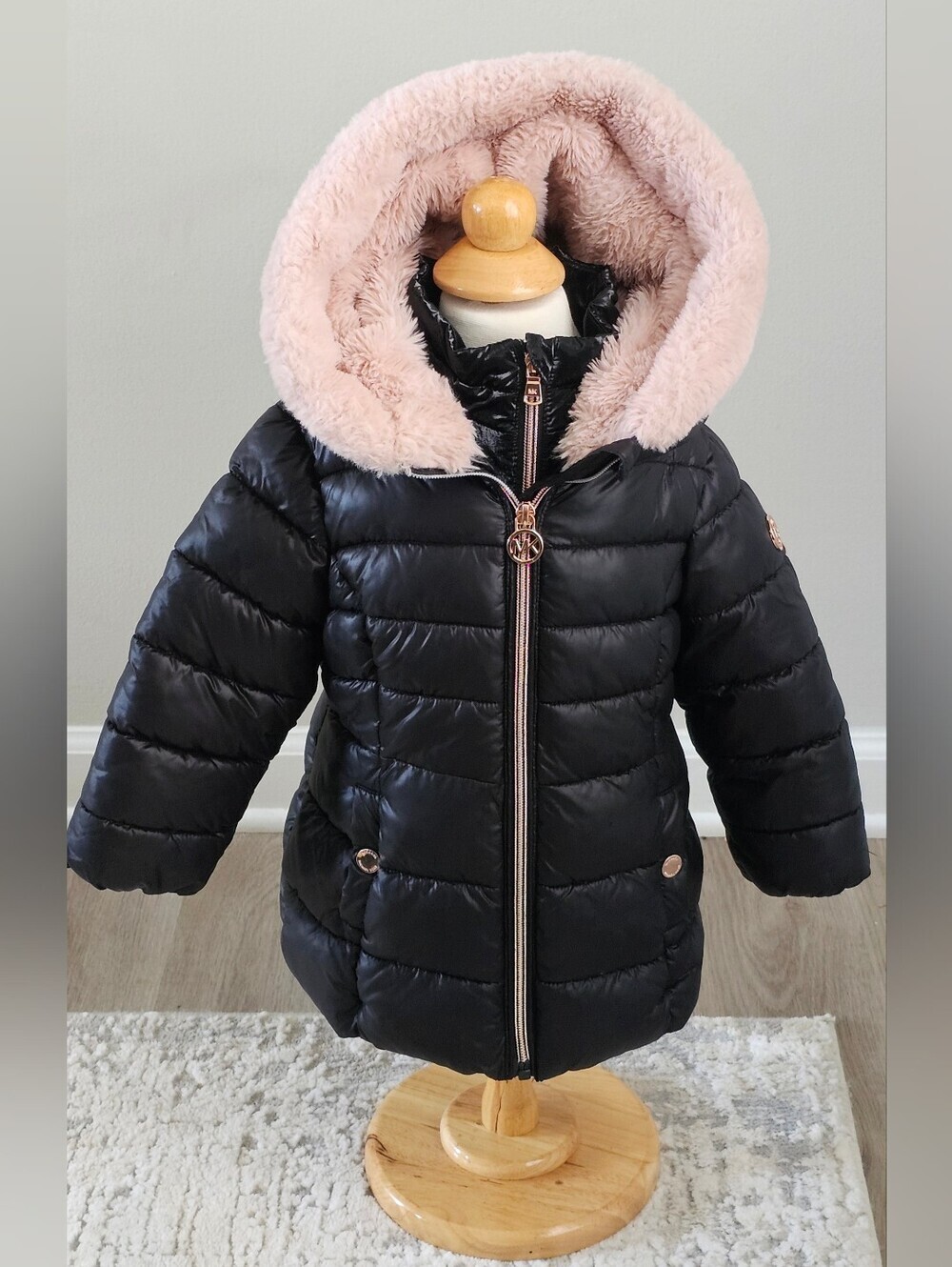 Michael Kors Girls Black Puffer Coat Pink Faux Fur Hood Size 2T
